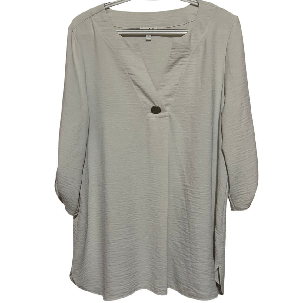 Wonderly Women's Textured Off White Quarter Sleeve V-Neck Button Blouse Size XL